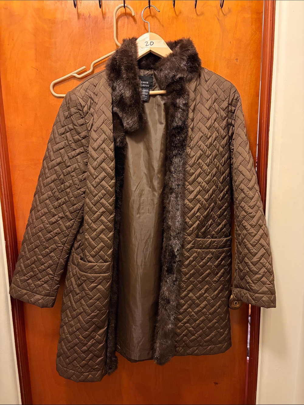 dennis basso Brown Quilted Puffer Coat with Faux Fur Trim